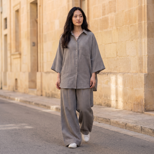 The Weekend Set in Grey Check, getragen auf einer sonnigen Straße
