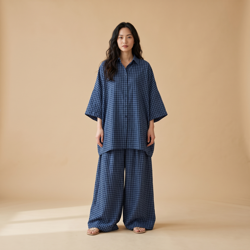 The Weekend Set in navy check, full-length front view