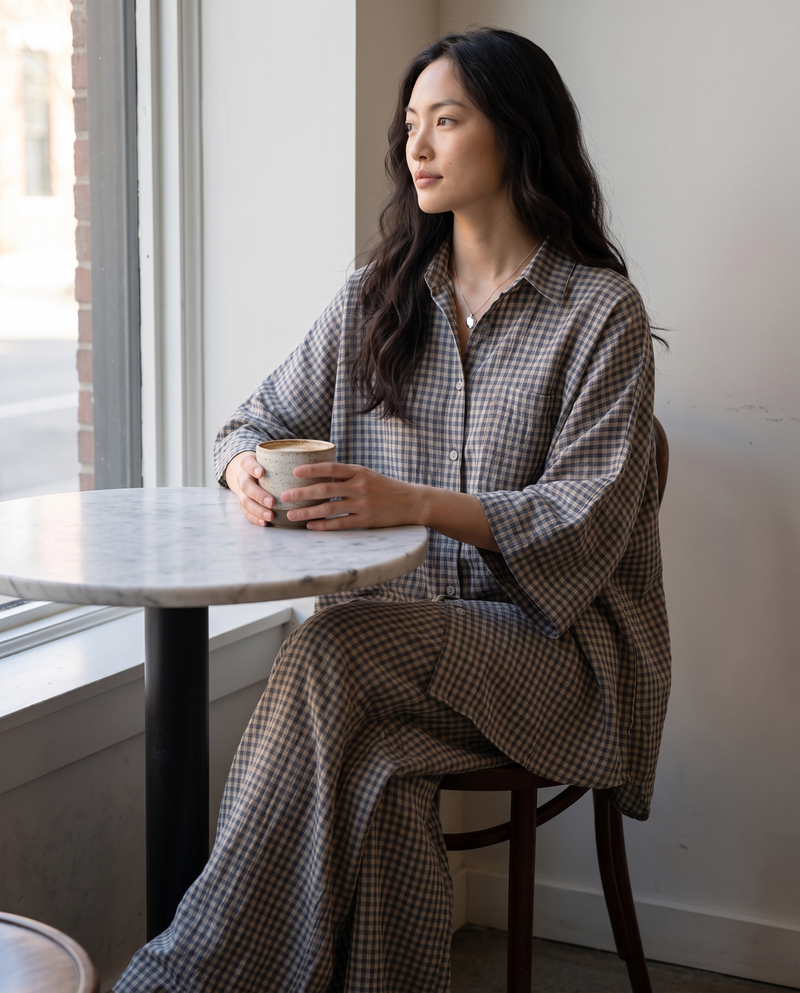9 AM, coffee by the window in the grey check set