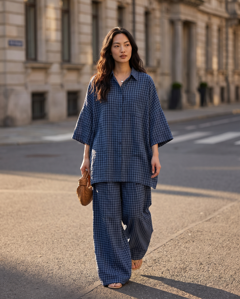 6 PM, walking through the city in the navy check set